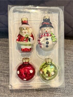 Pier 1 Imports Mini Glass Ornaments Set of 4 Brand New Santa/Snowman